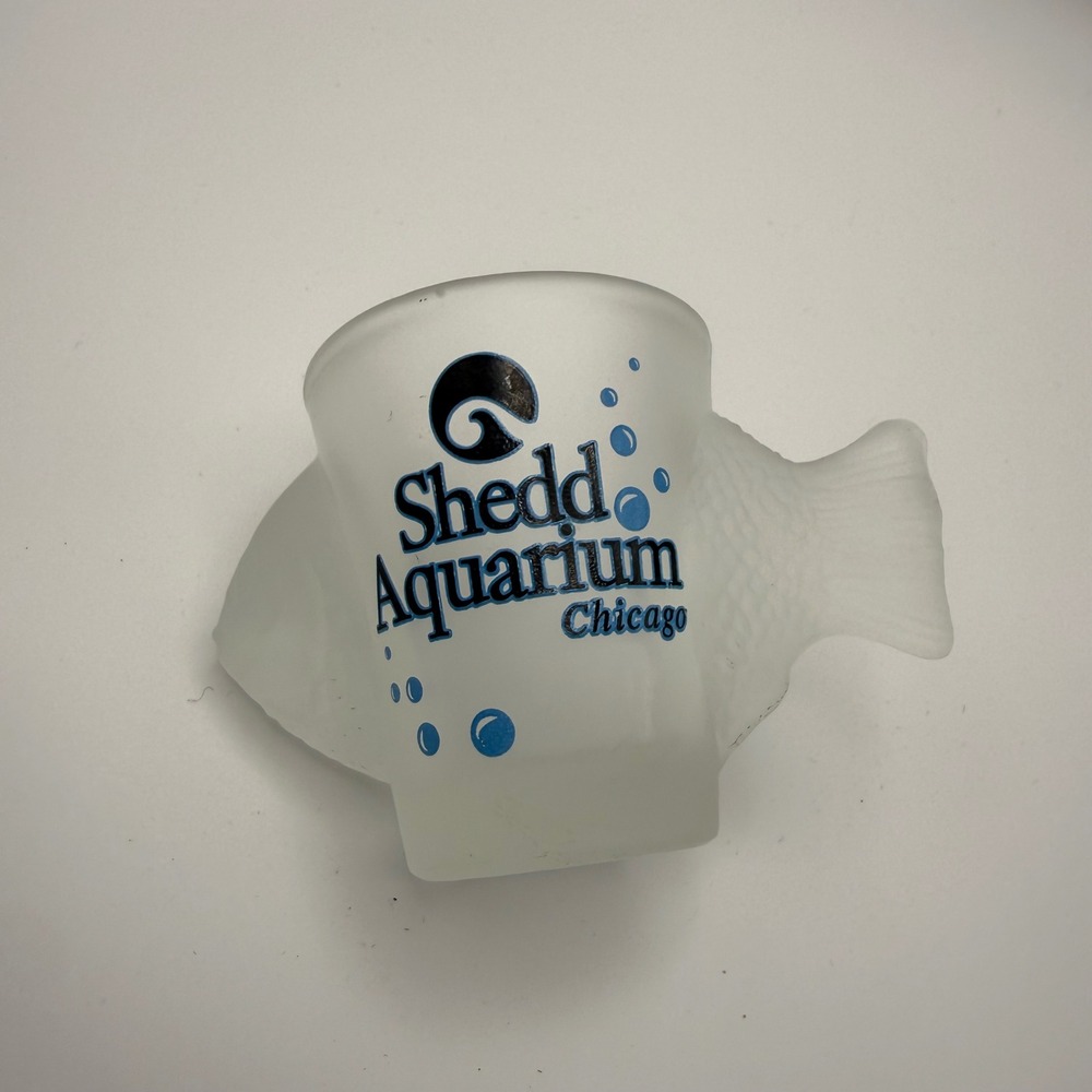 Shedd Aquarium Chicago Fish Shaped Frosted Shot Glass Vintage Souvenir Barware